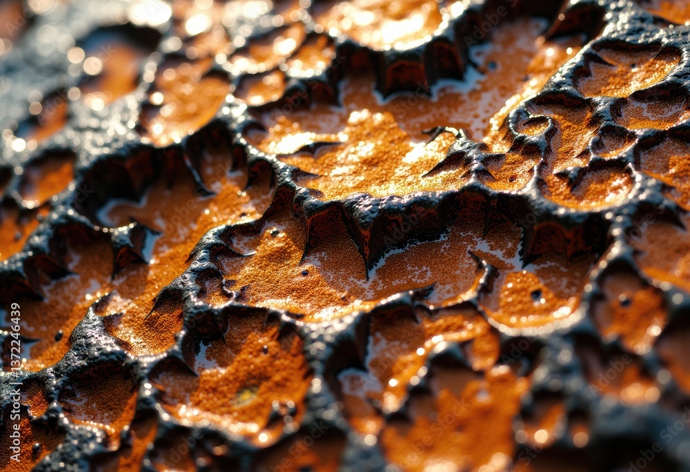 Poster close-up of textured orange and black surface with intricate patterns