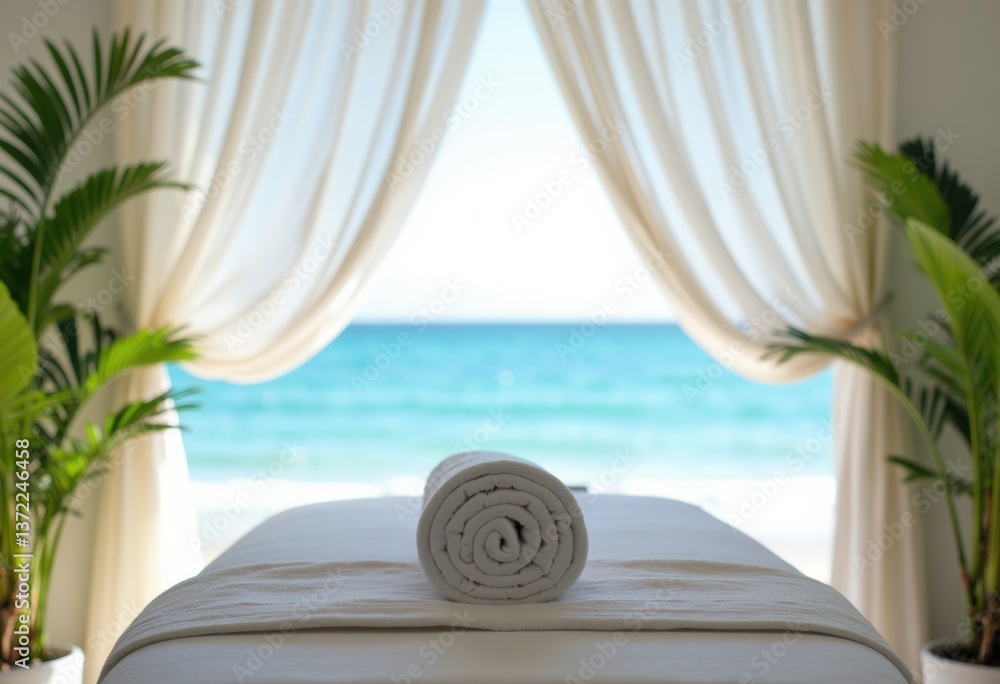 Poster relaxing spa setting with a rolled towel and ocean view through curtains