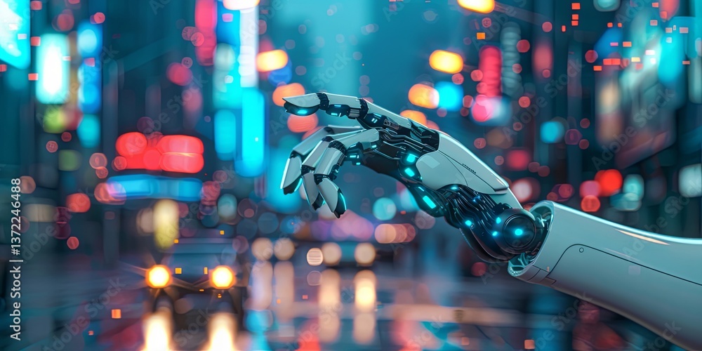 Poster The visual depicts a future where AI-powered technologies enhance efficiency, productivity, and convenience, transforming the way humans interact with machines and the world around them
