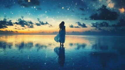 A little girl in a flowing dress, walking on water as stars reflect on the calm ocean surface
