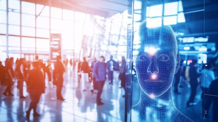 A high tech AI powered facial recognition scanner, enhancing airport security systems, high-tech security setting