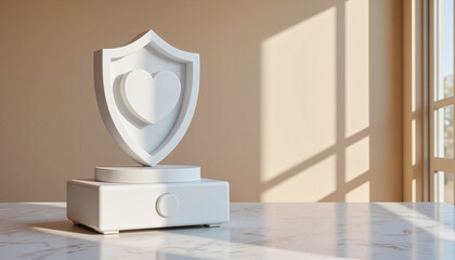 Floating white shield icon with heart above biometric tracking device on countertop