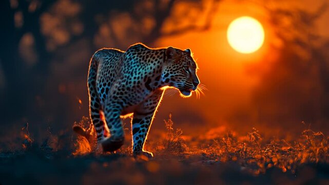 A magnificent leopard gracefully walking under the glowing full moonlight, its sleek, muscular body moving with silent precision. Suitable for marketing or business purposes