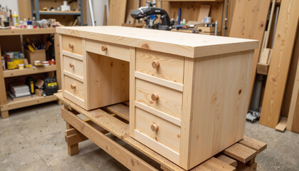 Fototapeta premium Custom wooden desk under construction in workshop, craftsmanship concept