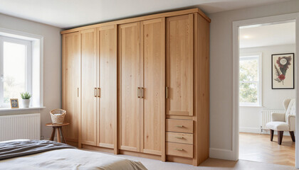 Custom wooden wardrobe enhancing modern bedroom, elegant craftsmanship