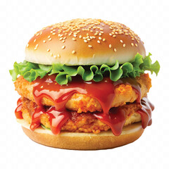 realistic delicious hot and fresh burger dripping in tomato or chili sauce isolated on white background