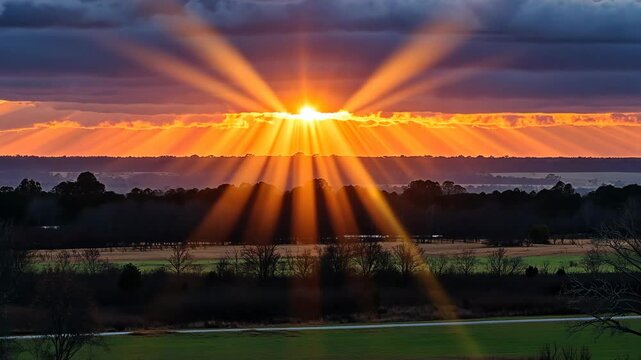 Vibrant sunrise over a tranquil landscape with rays of light spreading across the horizon at dawn
