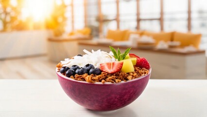 Foodie Tour concept Colorful smoothie bowl topped with fruits and coconut, set in a bright, modern cafe.