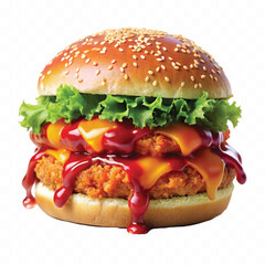 realistic delicious hot and fresh burger dripping in tomato or chili sauce isolated on white background