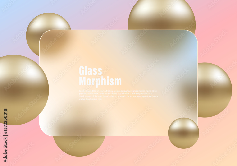 Poster landing page with rectangular frame. vector illustration with floating golden 3d spheres. glass morp