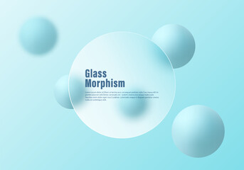 Abstract minimalistic background for presentation slide in glass morphism style. Fashionable and futuristic landing page template. Round frame and 3D spheres.