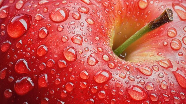 Close up of a red apple with water droplets and textured skin, dramatic light, hyperrealism style
