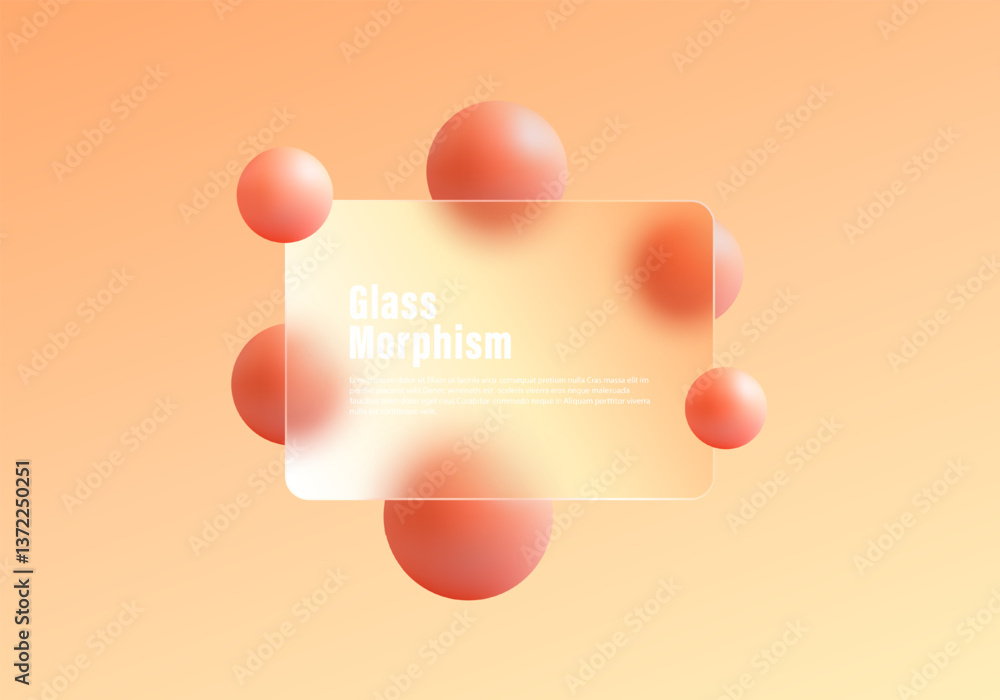 Poster glass morphism website landing page template. frosted glass partition with floating 3d spheres.