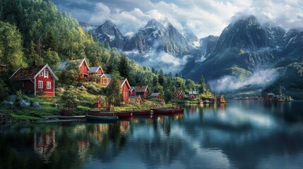 Fototapeta premium A breathtaking, ultra-realistic view of a picturesque Norwegian village nestled between lush green forests and towering misty mountains.