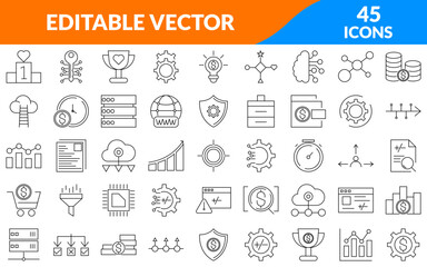 Set of 45 outline icons. Linear icon collection. Editable stroke. Vector illustration