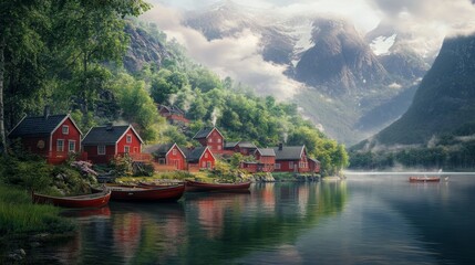 Naklejka premium A breathtaking, ultra-realistic view of a picturesque Norwegian village nestled between lush green forests and towering misty mountains.