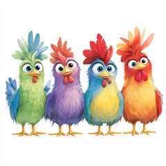Fototapeta premium Colorful Chicken Squad: A whimsical illustration showcasing a vibrant gathering of four charming chickens, each boasting unique personalities and brilliantly colored feathers.