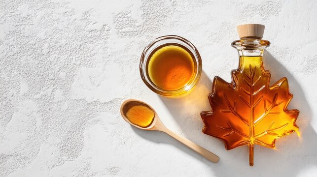 Pure maple syrup in leaf shaped glass bottle with wooden spoon on white textured