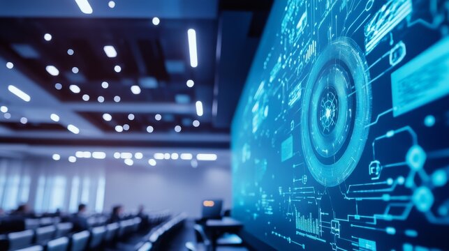 A high tech AI powered language translator, facilitating communication at an international conference, modern conference hall