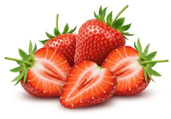 A group of fresh strawberries with some cut in half showing the inside on a white background