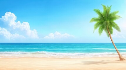 Fototapeta premium Escape to Paradise: A sun-kissed beach scene, perfect for vacation, with a leaning palm tree, inviting turquoise waters, and fluffy clouds under a bright blue sky.