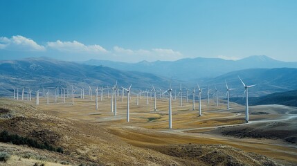 A vast wind turbine farm spread across an open, rolling landscape, with dozens of towering turbines spinning gracefully in the wind. 