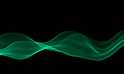Green abstract wave flow of wavy lines, glowing on black background.