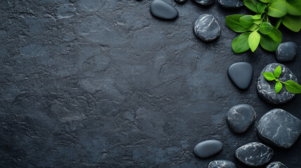 small marine black stones with green plant in the corner on a free space the image for background or design