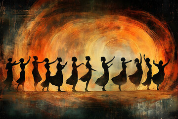 Silhouetted Dancers Moving Gracefully In An Abstract Swirling Orange Halo
