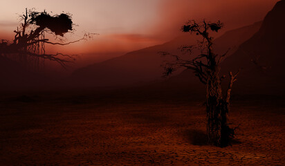 Surreal Dead Trees in Dystopian Desert Landscape at Sunset - 3D Illustration