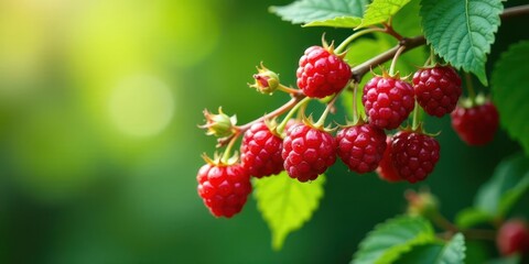 A lush cluster of ripe raspberries hangs from a branch, bathed in soft sunlight, showcasing the vibrant red hues and delicate texture of the berries against a blurred green backdrop.