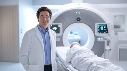 A high tech AI powered medical imaging device, scanning a patient's brain for abnormalities, futuristic hospital setting