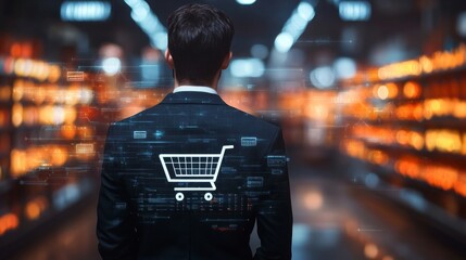 A person with cart icon, digital overlay, and blurred product shelves