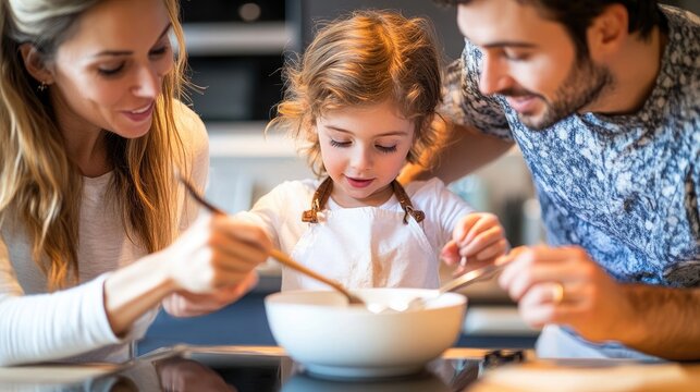 A family having a fun cooking class in the kitchen, the child carefully stirring a bowl while the parents give encouraging tips and share in the excitement.