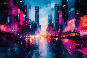 Fototapeta premium An impressionistic painting of a city street at nighttime