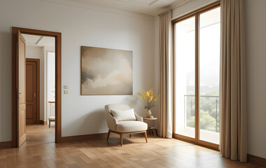 Fototapeta premium Chic Living Room Design: Beige Armchair, Abstract Art & Yellow Flower Vase