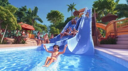 A family having a fun water slide day at a water park, the child zipping down the slide while the parents cheer them on from the pool below.