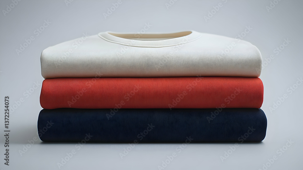Poster stack of three folded sweaters in cream, red, and navy colors on a minimalist background