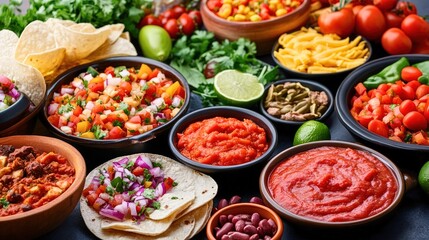 Fototapeta premium A table full of Mexican food including beans, salsa, and guacamole