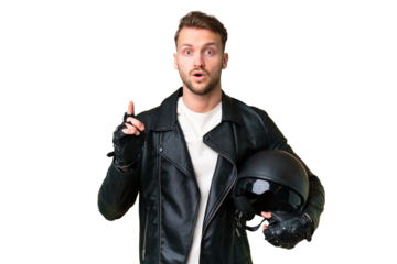 Young caucasian man with a motorcycle helmet over isolated chroma key background intending to realizes the solution while lifting a finger up