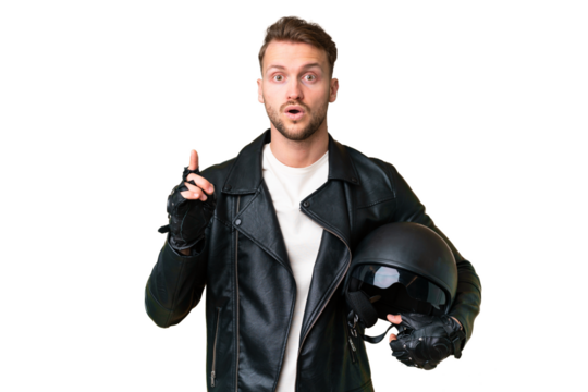 Young caucasian man with a motorcycle helmet over isolated chroma key background intending to realizes the solution while lifting a finger up - Powered by Adobe