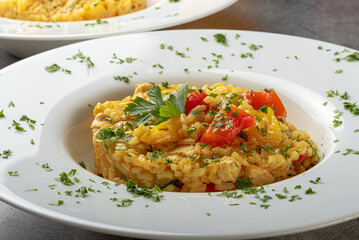 risotto, jedzenie, posiłek, ryz, dania, obiad, płyta, gotowanie, smażone, wieprzowina