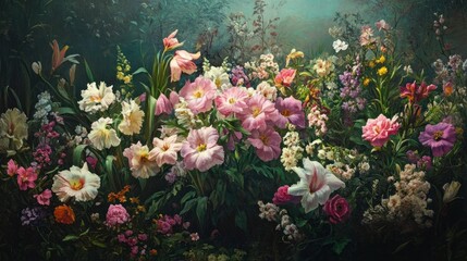 Colorful floral garden painting, lush blooms, tranquil garden scene, art print