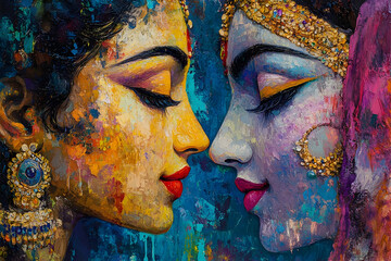 Two close face portraits are displaying affection and connection between themselves