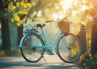 Fototapeta premium A charming bicycle adorned with a front basket full of flowers
