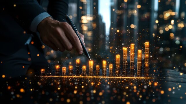 Person in suit analyzing a digital graph of growing light columns with a pen.
