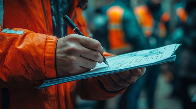 Person in orange safety jacket taking notes on a checklist outdoors