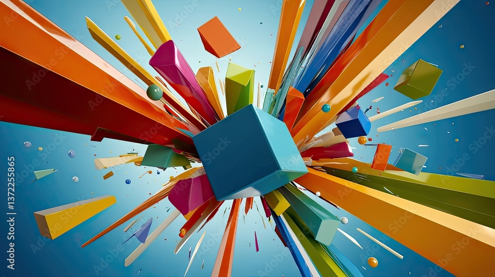 Poster dynamic multicolor explosion with bold abstract shapes and energetic modern pop-style composition.