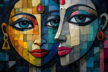 Two stylized female faces sharing features and colorful geometric forms