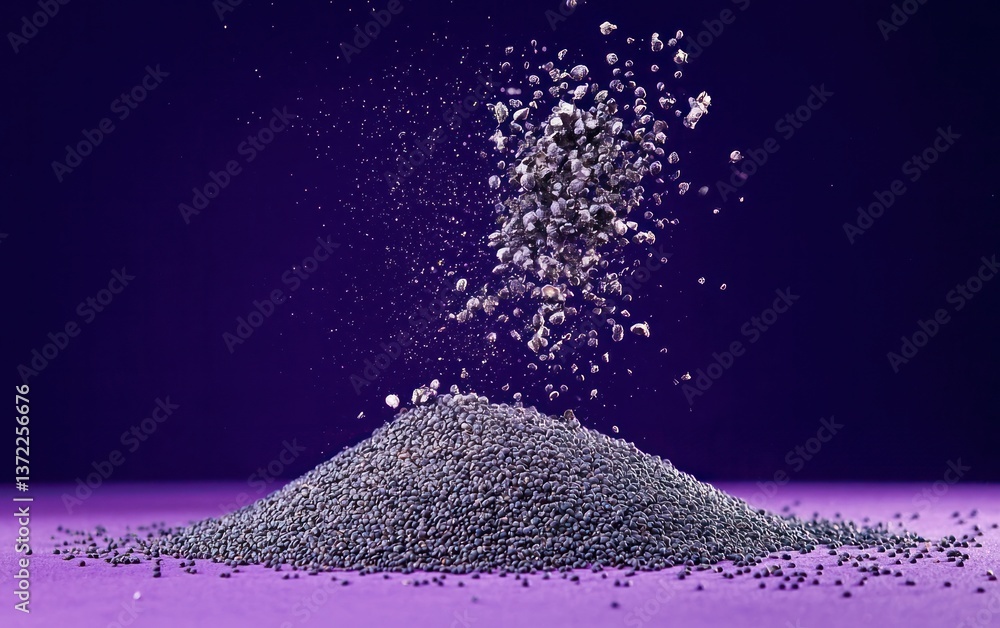 Poster dark gray particles exploding above a pile against a purple background